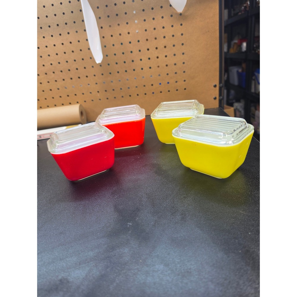 Vintage Pyrex Primary Colors Refrigerator Set 501-B Red Yellow 4pc with Lids